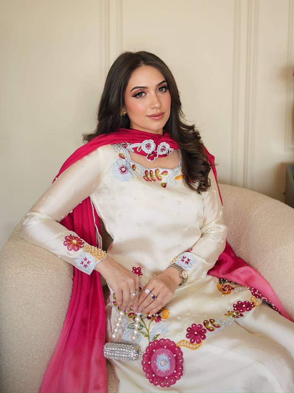 LadyVastara Heavy Roman Glass Silk Embroidered Sharara Suit Set with Chiffon Dupatta