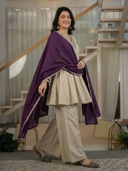 LadyVastara Women's Heavy Roman Silk Embroidered Sharara Suit Set with Hand Work, Chinnon Silk Dupatta