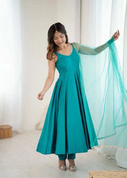 LadyVastara Premium Chanderi RomanSilk Anarkali with Soft Net Dupatta & Fancy Lace Work