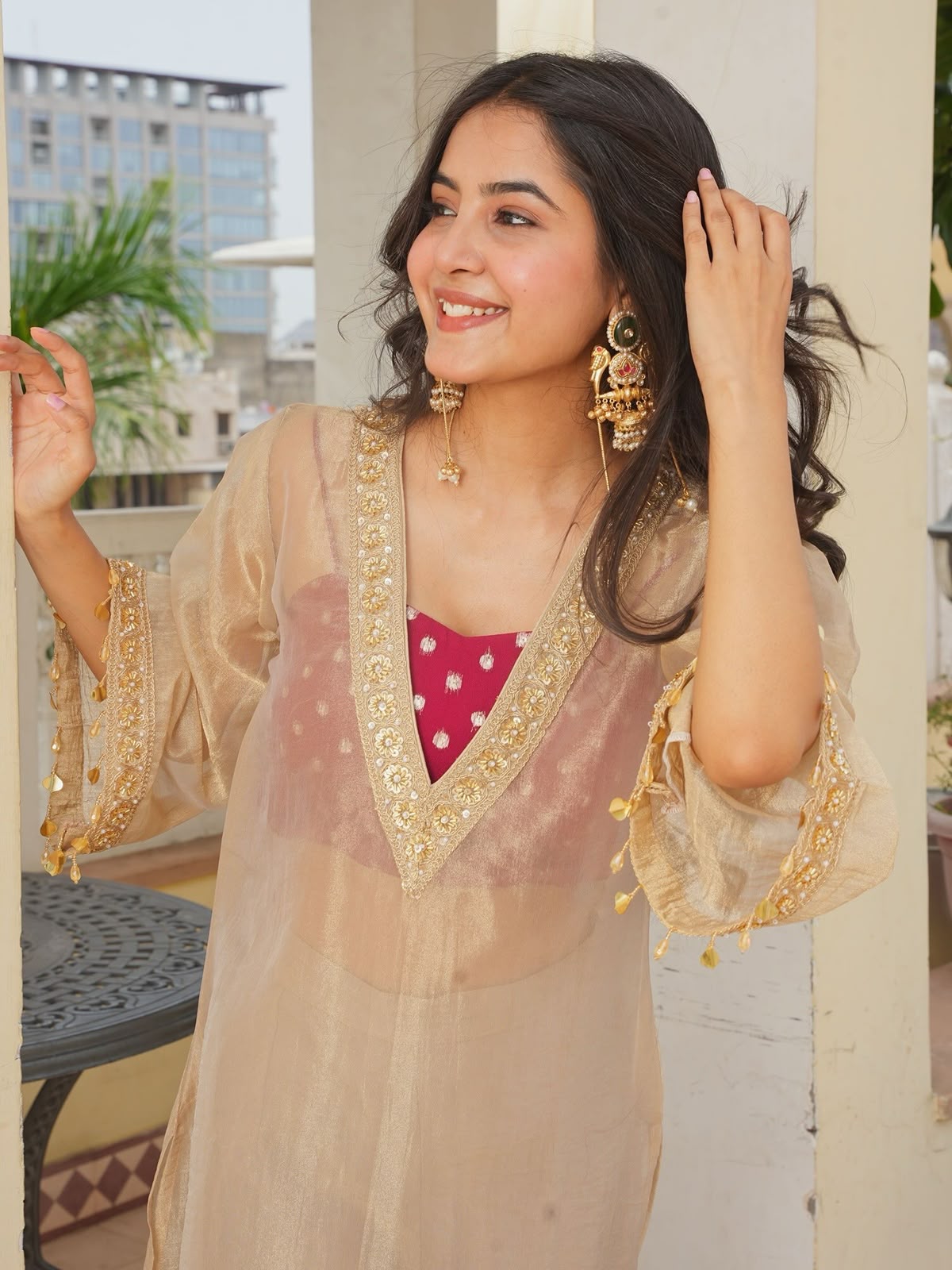 LadyVastara Golden Tissue Kurta Set with Embroidered Blouse & Palazzo