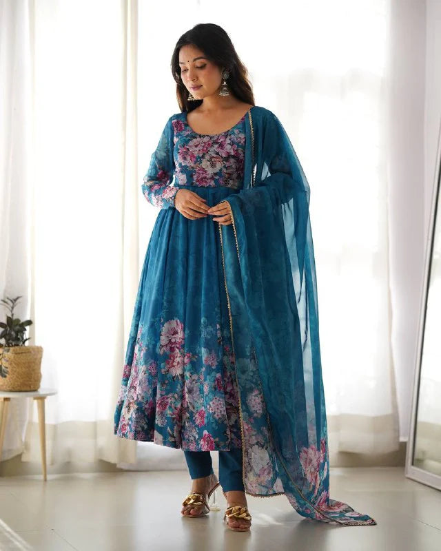 LadyVastara Pure Soft Organza Silk Fully Flared Kali Cut Anarkali Suit Set with Dupatta & Pant