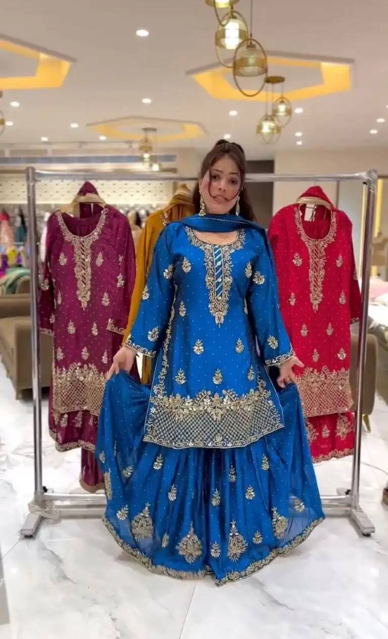 Ladyvastara Heavy Chinon Silk Sequence Embroidery Sharara Set with Dupatta