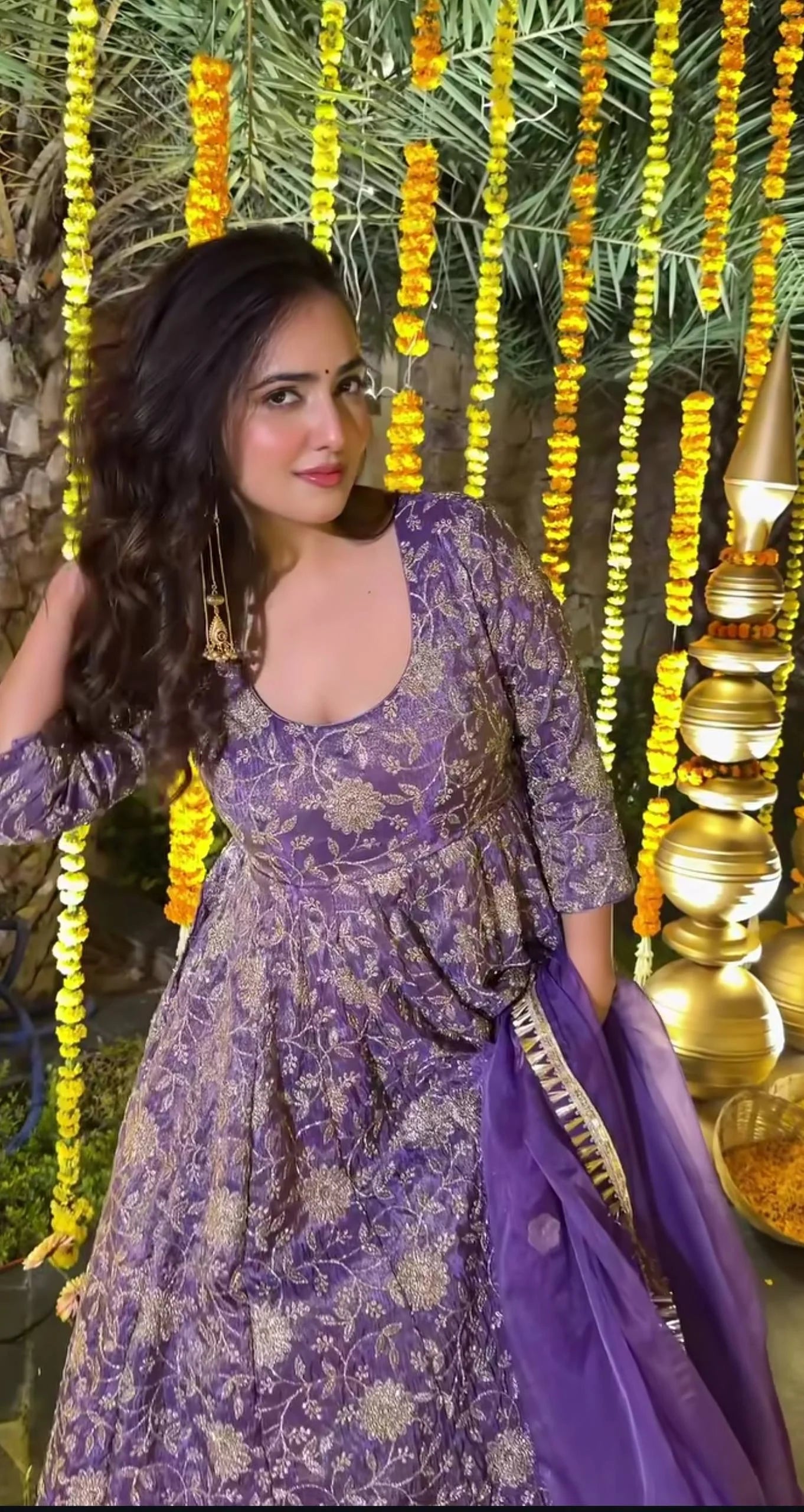 LadyVastara Purple Embroidered Crunchy Silk Anarkali Suit Set with Organza Dupatta