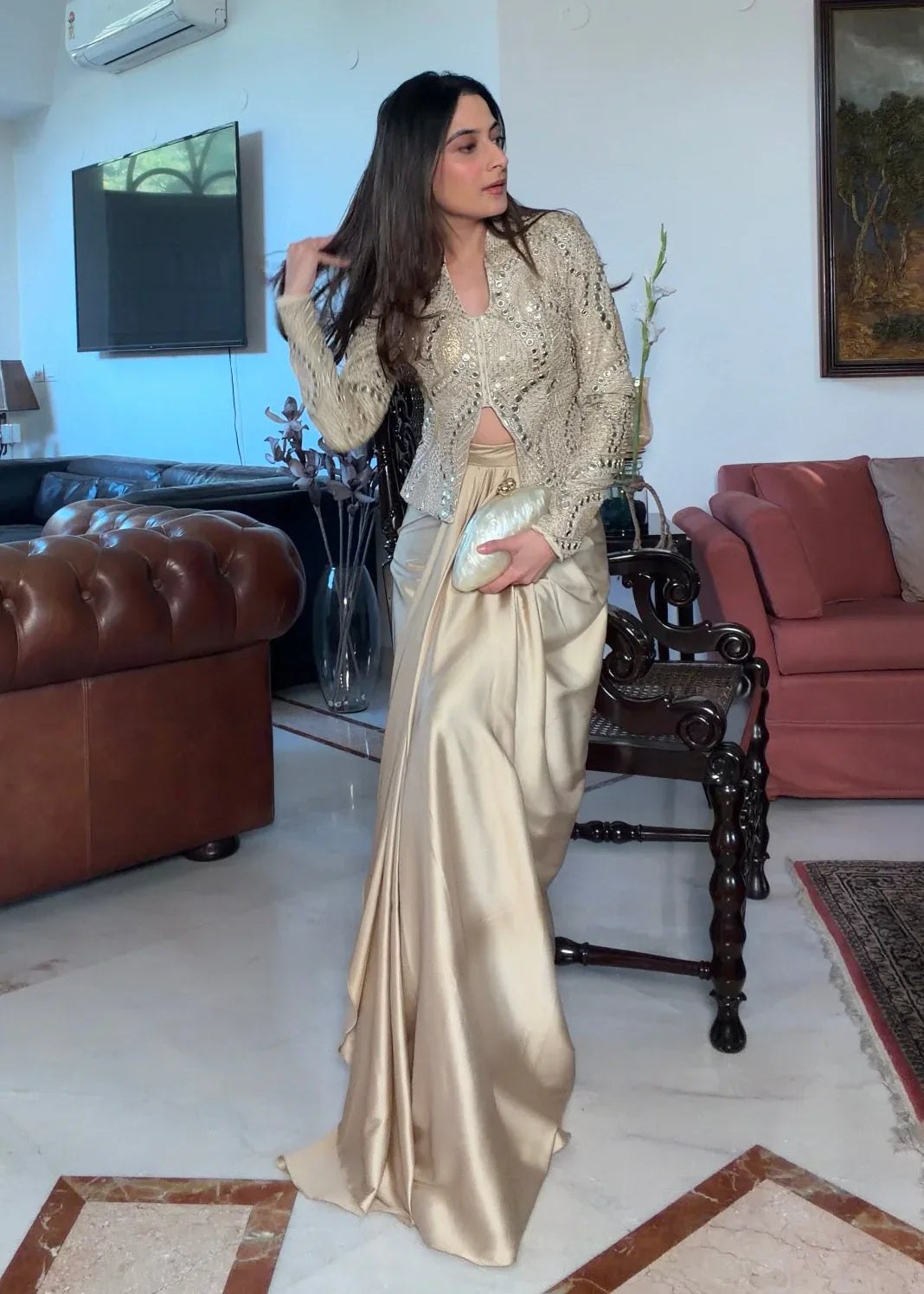 LadyVastara Zareen Gold Silk Zari Indo-Western Jacket Set with Mirror Work & Embroidery