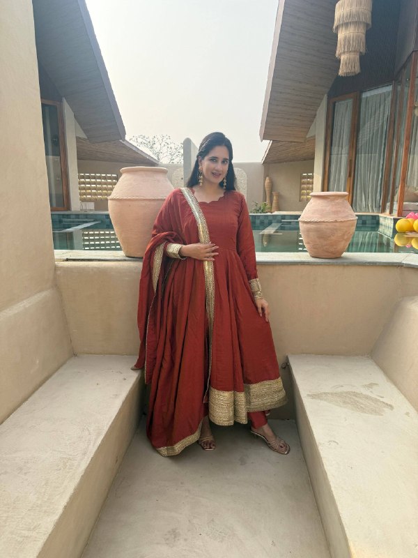 LadyVastara Heavy NC Vichitra Embroidered Anarkali Suit Set with Pant & Sequence Dupatta