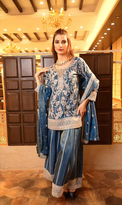 LadyVastara Beautiful Sky Blue Embroidered Sharara Gown for Women: Classic Design, Fine Details, Ideal for Parties, Weddings, and Festive Occasions