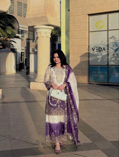 Women's Heavy Dual Tone Star Georgette Embroidered Kurta Palazzo Set with Dupatta