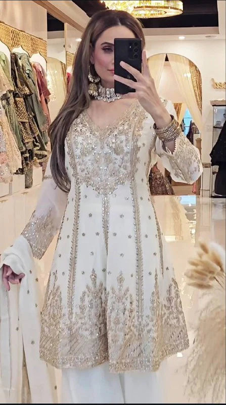 LadyVastara Heavy Chinon Silk Embroidered Top Sharara Palazzo Set with Dupatta