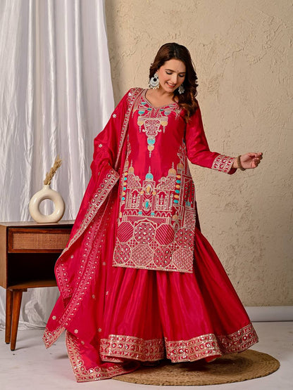 LadyVastara Designer Chinnon Silk Kurta Sharara Set with Embroidered Dupatta