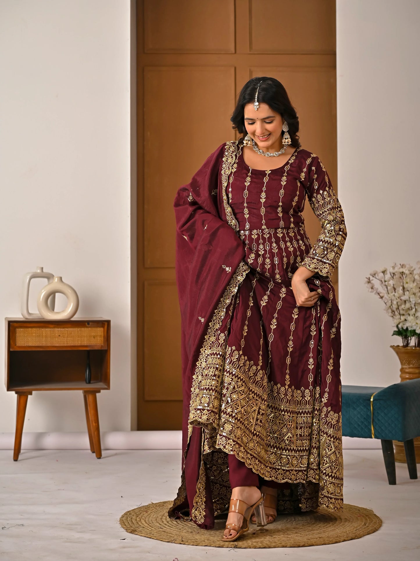 LadyVastara Elegant Maroon Ethnic Kurta Palazzo Set with Full Embroidery