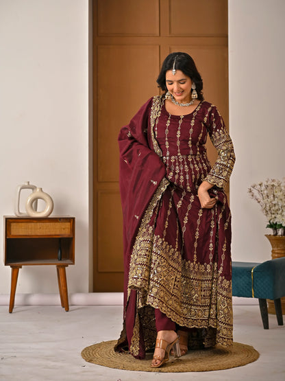 LadyVastara Elegant Maroon Ethnic Kurta Palazzo Set with Full Embroidery