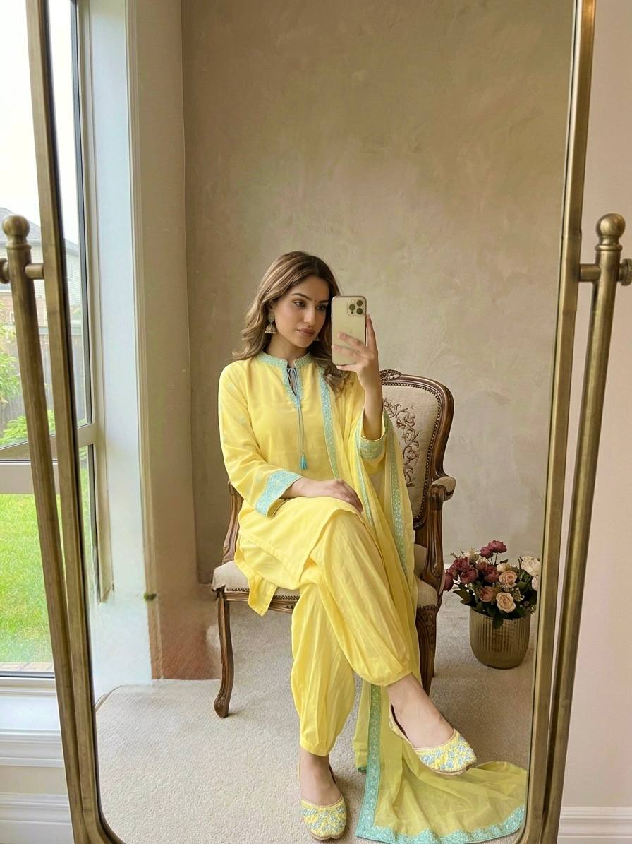 Women's Pure Natural Crepe Silk Kurta Set with Balloon Pants & Organza Dupatta