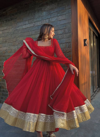 LadyVastara Designer Faux Blooming Anarkali Palazzo Set with Lace Dupatta