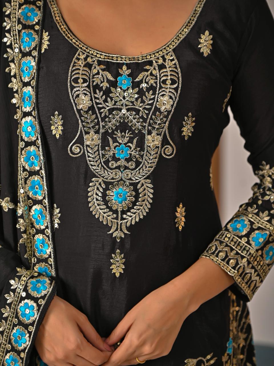 Ladyvastara Black Embroidered Kurta Sharara Set with Dupatta for Wedding & Festive Wear