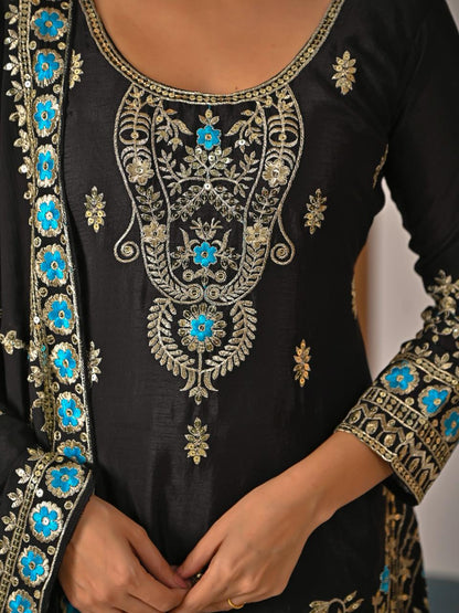 Ladyvastara Black Embroidered Kurta Sharara Set with Dupatta for Wedding & Festive Wear