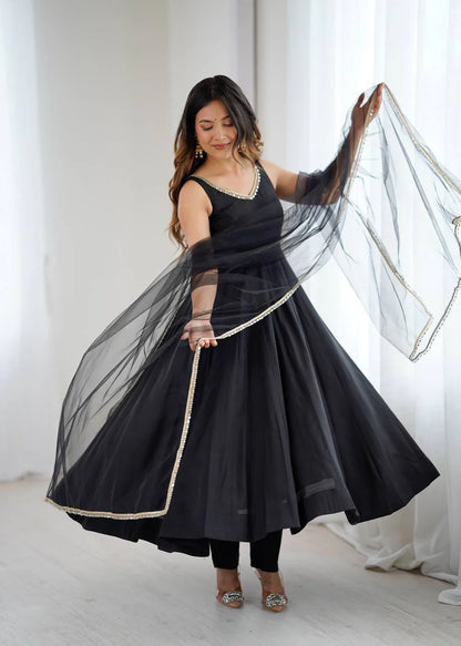 LadyVastara Premium Chanderi RomanSilk Anarkali with Soft Net Dupatta & Fancy Lace Work