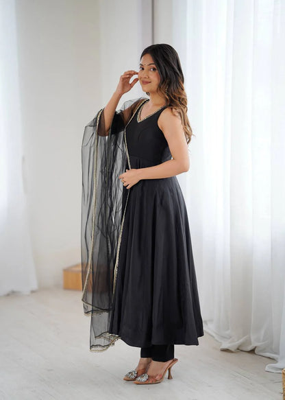 LadyVastara Premium Chanderi RomanSilk Anarkali with Soft Net Dupatta & Fancy Lace Work