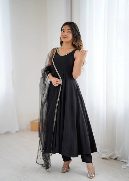 LadyVastara Premium Chanderi RomanSilk Anarkali with Soft Net Dupatta & Fancy Lace Work