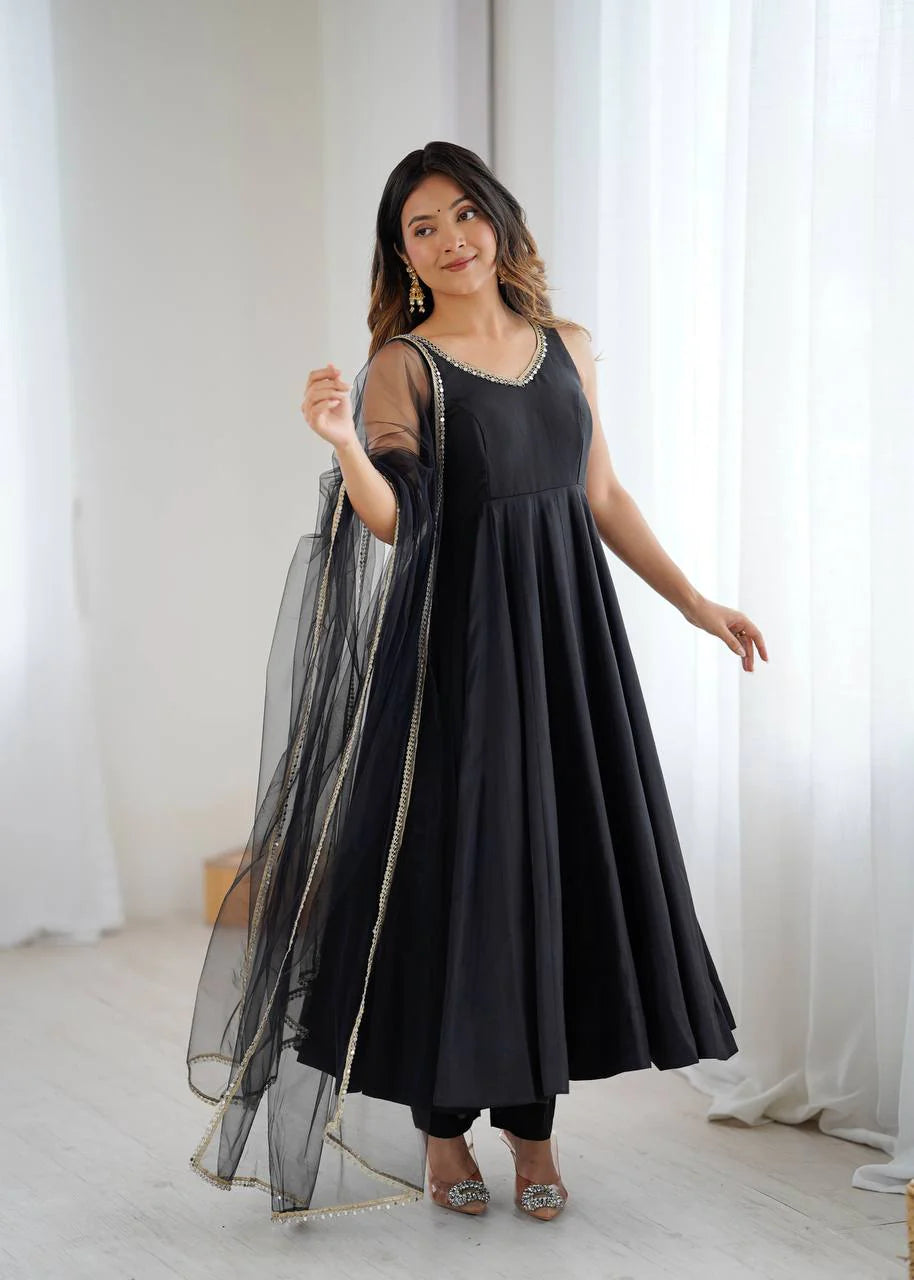 LadyVastara Premium Chanderi RomanSilk Anarkali with Soft Net Dupatta & Fancy Lace Work