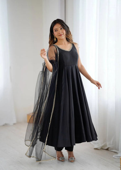 LadyVastara Premium Chanderi RomanSilk Anarkali with Soft Net Dupatta & Fancy Lace Work