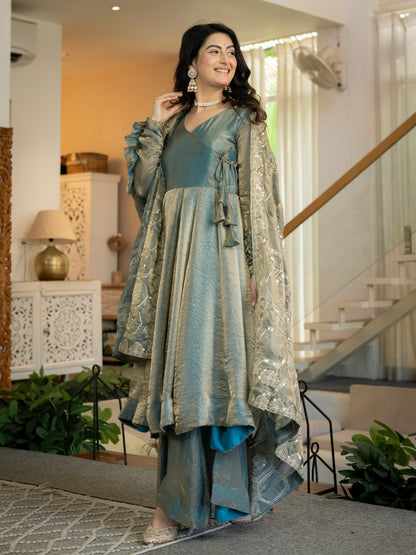 Designer Heavy Fandy Silk Embroidered Anarkali Suit Set with Palazzo & Dupatta