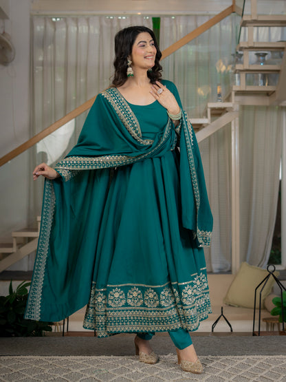 LadyVastara Heavy Roman Cotton Silk Embroidered Anarkali Suit Set with Pant & Dupatta
