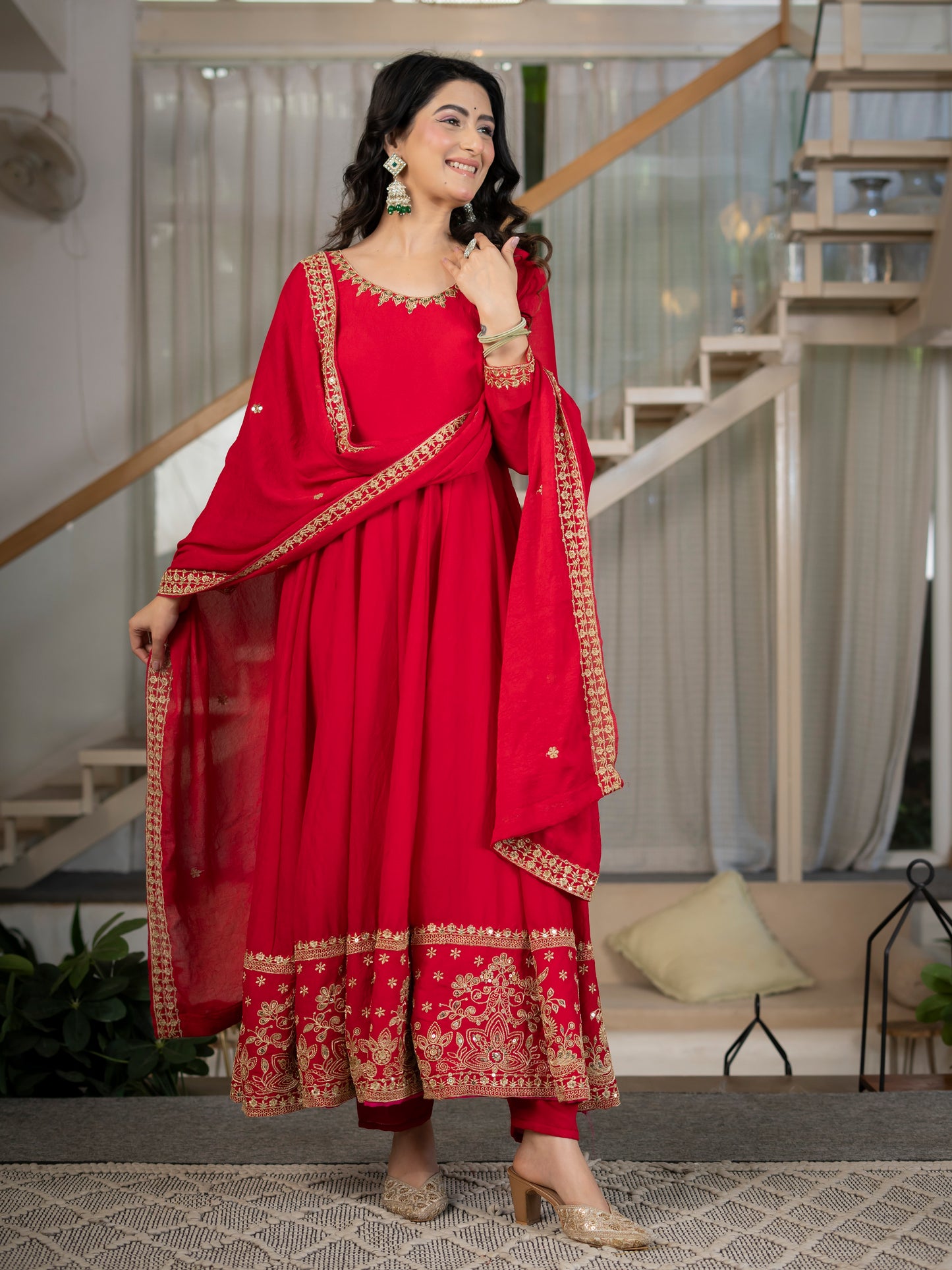 LadyVastara Heavy Rangoli Crush Embroidered Anarkali Suit Set with Pant & Dupatta
