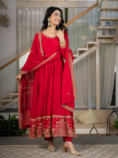 LadyVastara Heavy Rangoli Crush Embroidered Anarkali Suit Set with Pant & Dupatta