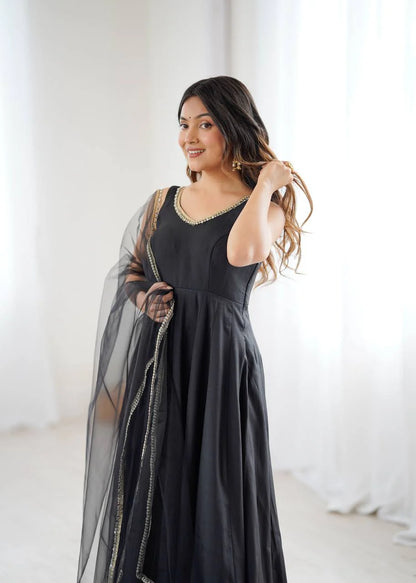 LadyVastara Premium Chanderi RomanSilk Anarkali with Soft Net Dupatta & Fancy Lace Work