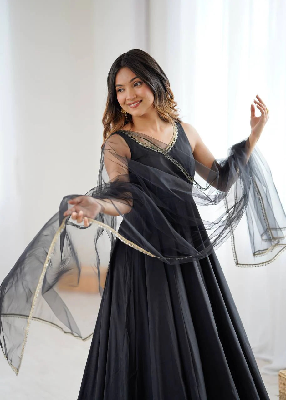 LadyVastara Premium Chanderi RomanSilk Anarkali with Soft Net Dupatta & Fancy Lace Work