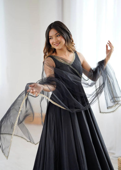 LadyVastara Premium Chanderi RomanSilk Anarkali with Soft Net Dupatta & Fancy Lace Work