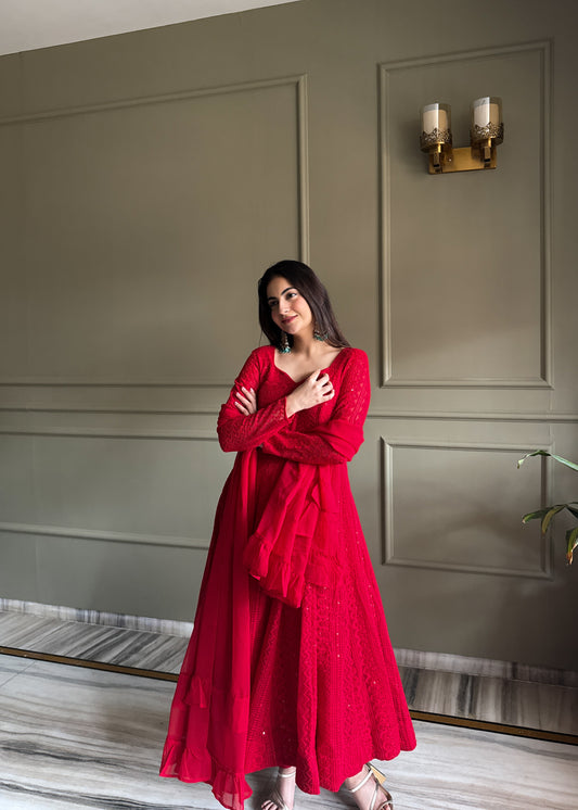 LadyVastara Heavy Fox Georgette Lucknowi Embroidered Anarkali Suit Set with Ruffle Dupatta