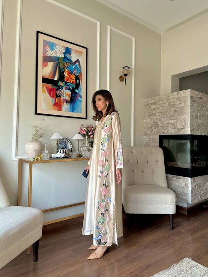 Women's Pure Roman Glass Embroidered Long Kaftan Set with Bottom & Dupatta