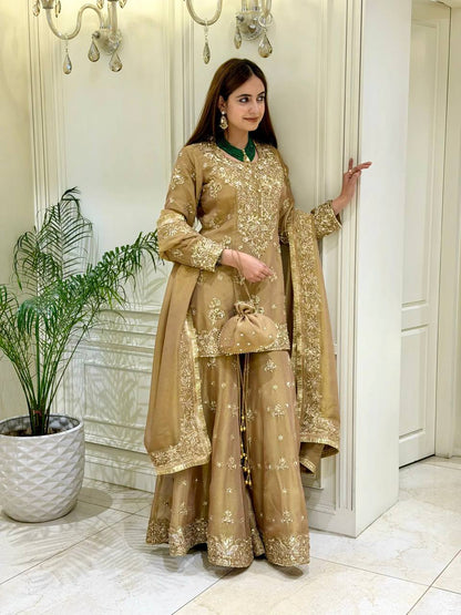 Women's Pure NC Moss Silk Embroidered Kurta Palazzo Set with Dupatta
