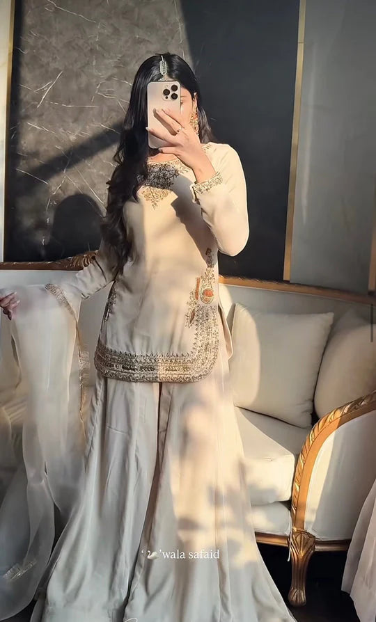 LadyVastara Designer Korean Satin Silk Embroidered Sharara Suit Set for Women