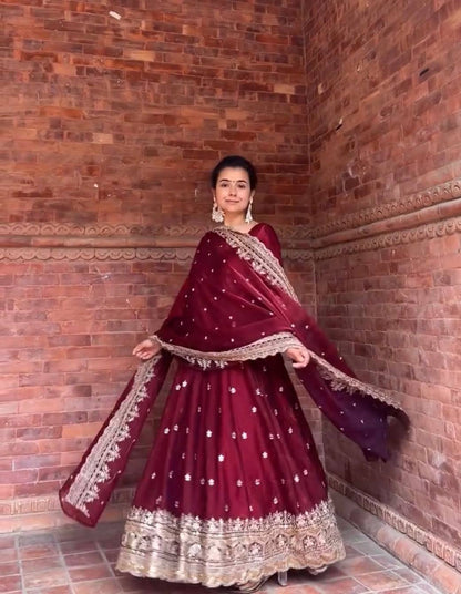 LadyVastara Royal Maroon Anarkali Set with Heavy Embroidery & Matching Dupatta