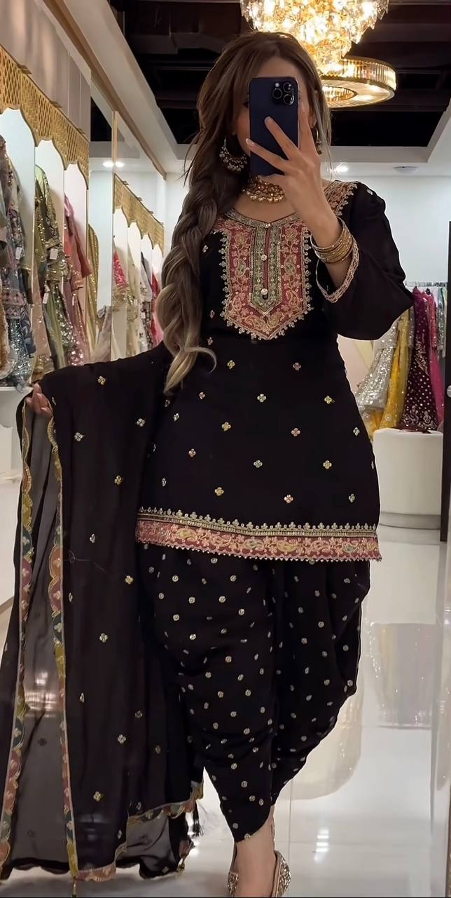 LadyVastara Elegant Faux Georgette Embroidered Top with Dhoti Salwar & Dupatta Set