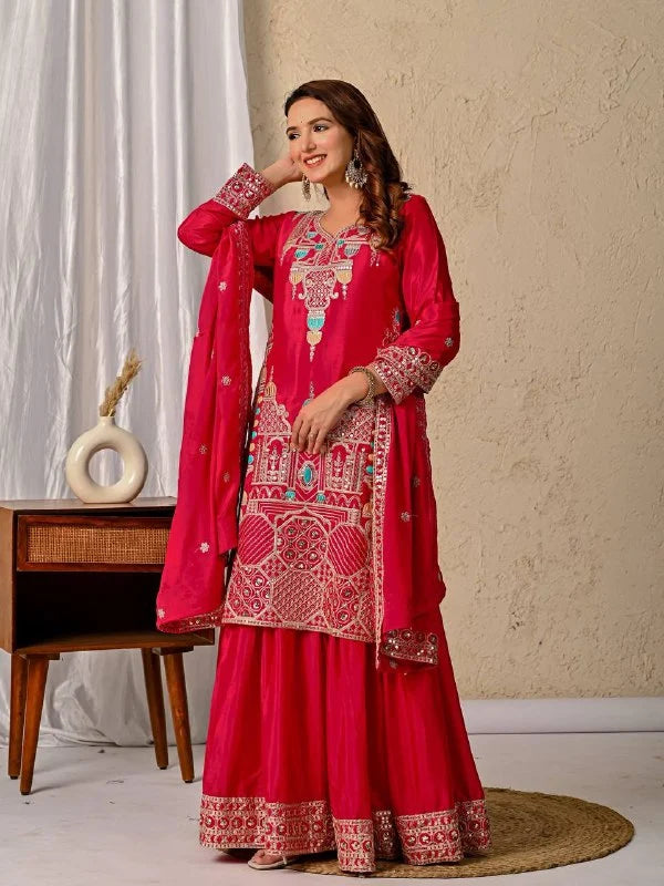 LadyVastara Designer Chinnon Silk Kurta Sharara Set with Embroidered Dupatta