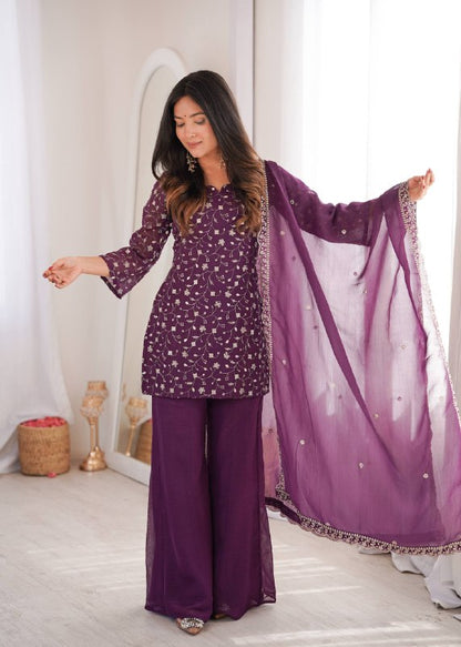 LadyVastara Designer Crunchy Silk Kurta Bell Bottom Set With Embroidery Sequence & Zari Work Dupatta