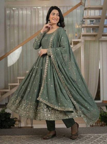LadyVastara Women's Heavy Crunchy Silk Anarkali Suit Set with Embroidered Dupatta