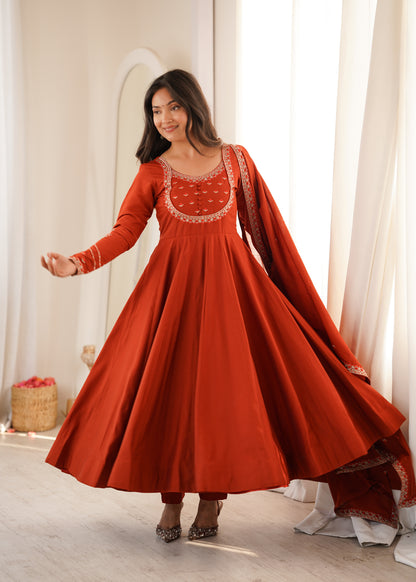LadyVastara Premium Roman Chanderi Silk Anarkali Suit with Pant & Dupatta