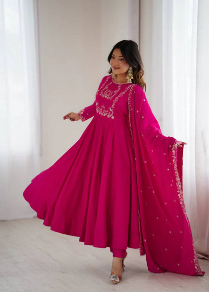 LadyVastara Premium Roman Chanderi Silk Flared Anarkali Suit Set with Embroidered Dupatta for Wedding & Festive Wear
