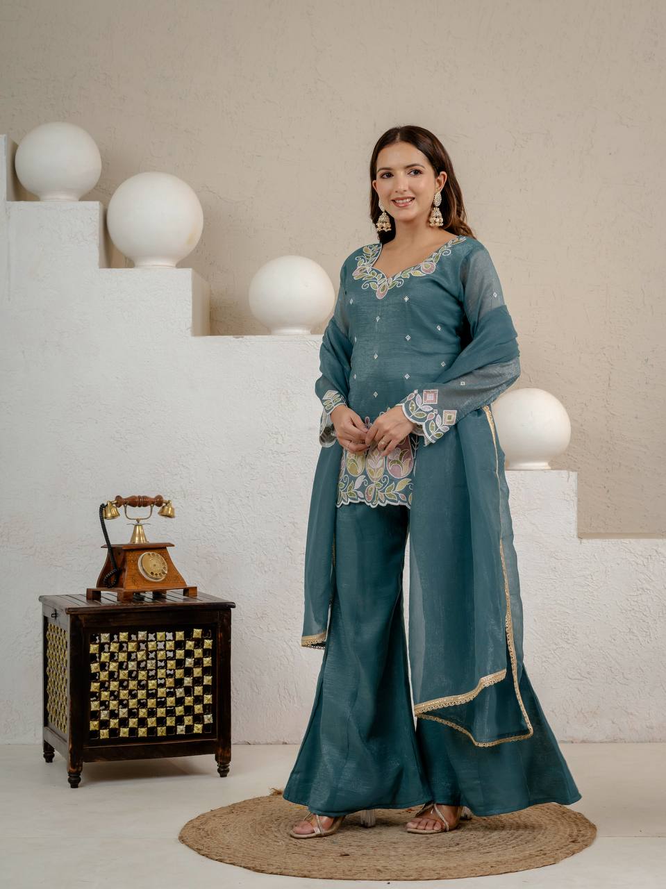 LadyVastara Heavy Crunchy Silk Embroidered Kurta Set with Palazzo & Dupatta