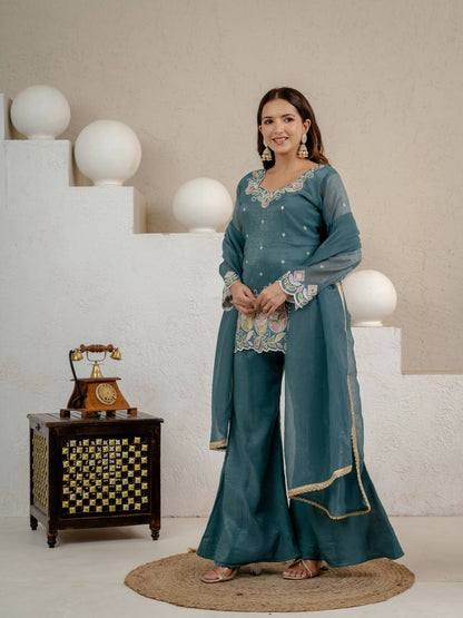 LadyVastara Heavy Crunchy Silk Embroidered Kurta Set with Palazzo & Dupatta