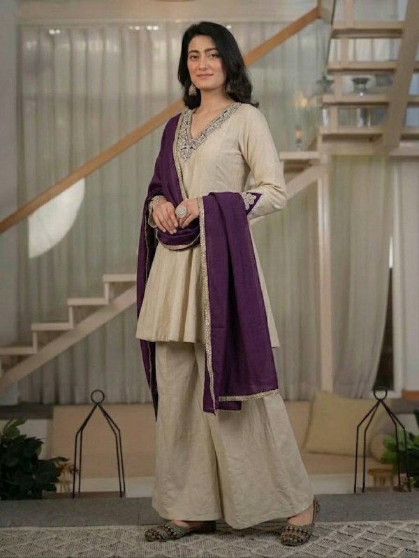 LadyVastara Women's Heavy Roman Silk Embroidered Sharara Suit Set with Hand Work, Chinnon Silk Dupatta