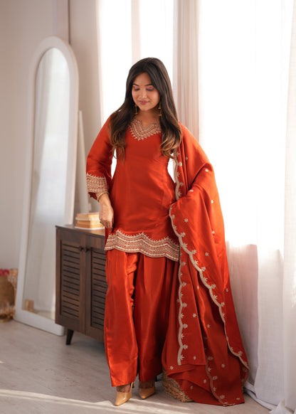 LadyVastara Women's Premium Farshi Suit Set | Glass Roman Silk | Festive & Wedding Wear