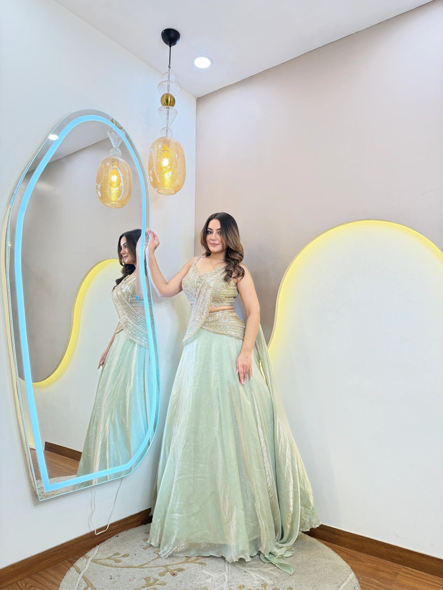 LadyVastara Engagement & Reception Wear Mint Green Designer Lehenga