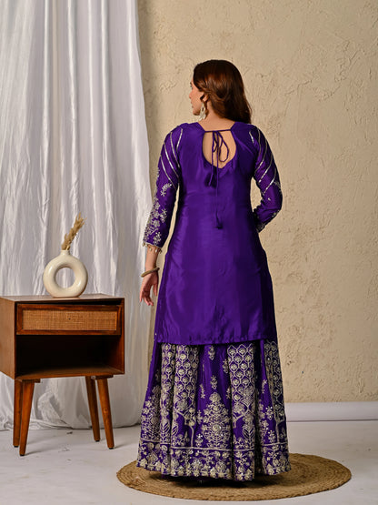 LadyVastara Royal Purple Luxurious Wedding & Party Wear Heavy Embroidered Sharara Suit