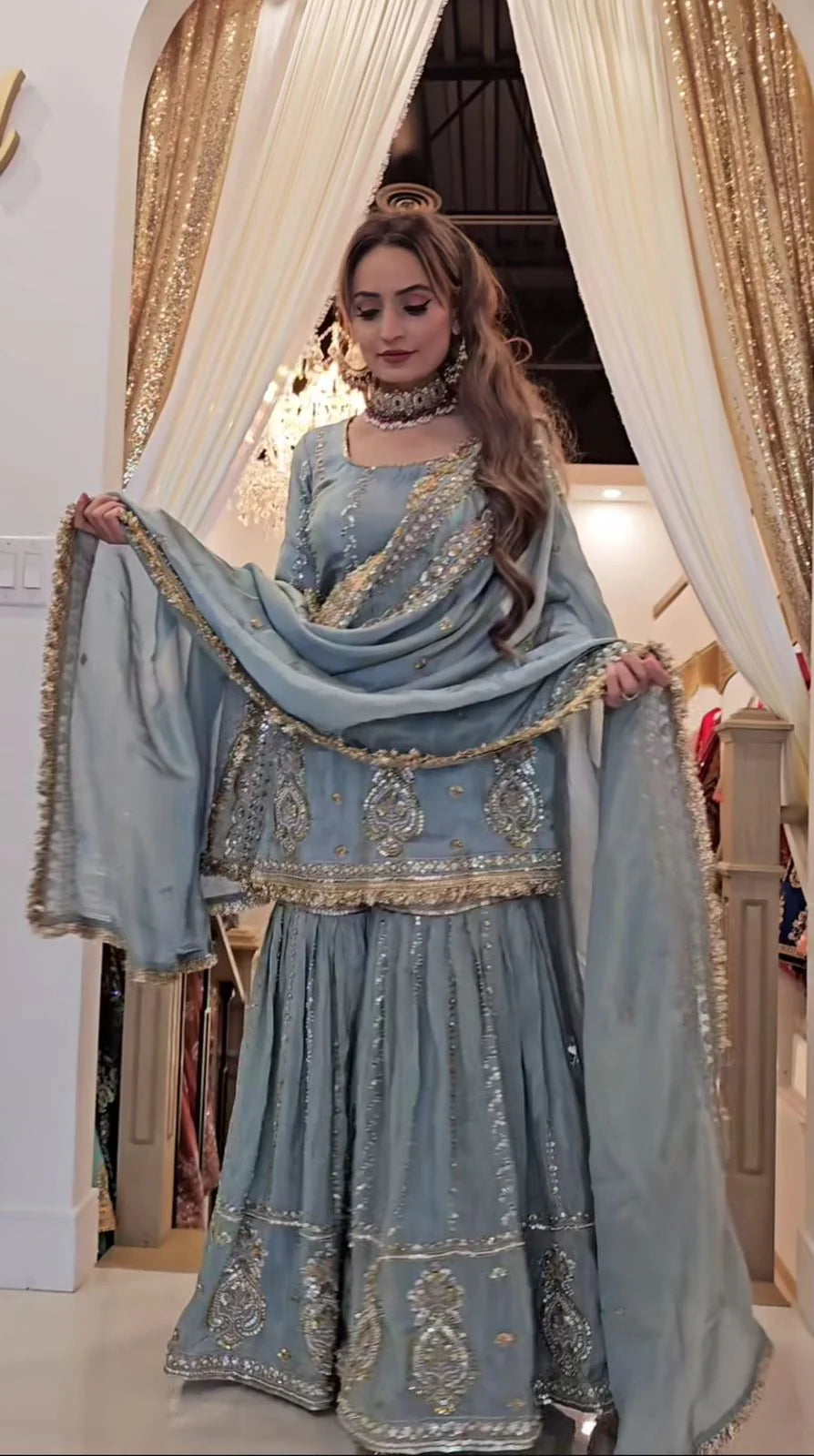 LadyVastara Women's Heavy Embroidered Aque Blue  Sharara Set – Premium Party & Festive Wear