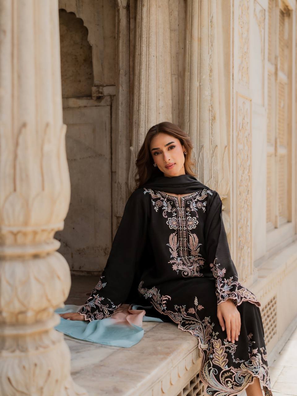 LadyVastara Women's Designer Embroidered Satin Rayon Kaftan Set with Pant & Shaded Chiffon Dupatta